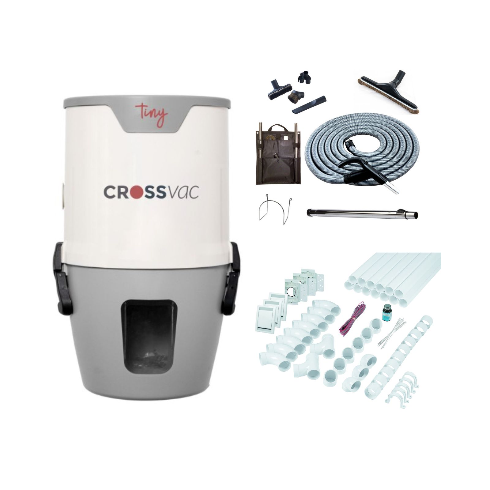 Aspirateur Centralisé Tiny avec set de tuyaux, 3 prises d'aspiration et matériel d'installation